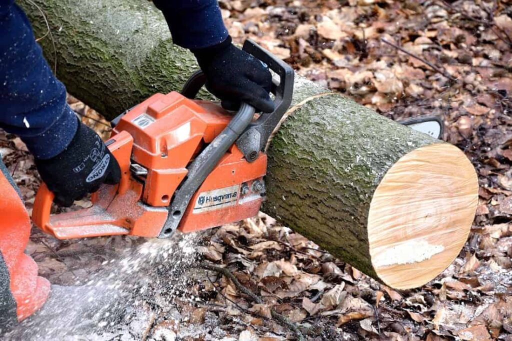 cortando tronco con motosierra